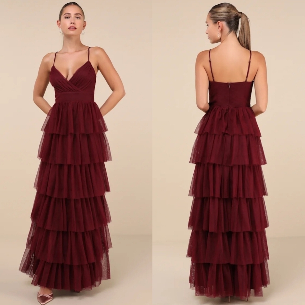 Lulus Rule the Runway Burgundy Tulle Surplice Tiered Maxi Dress S Wedding Party